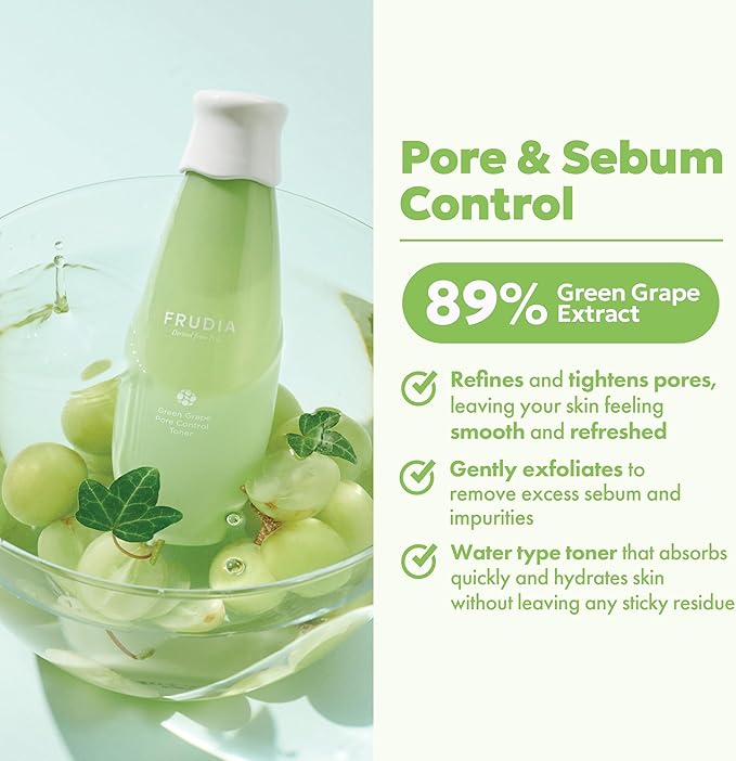 FRUDIA Green Grape Pore Control Face Toner (6.59 fl oz) - Pore Minimizing Korean Toner with 89% Green Grape Extract, Tannin Pore Complex & Anti Sebum P for Sensitive Skin | Vegan and Cruelty Free