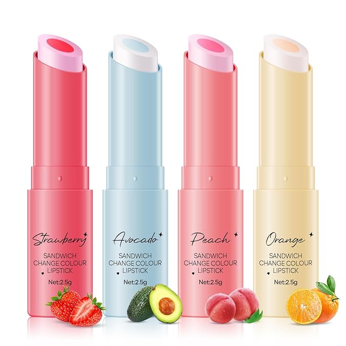 KYDA 4 Colors Color Changing Tinted Lip Balm, with Fruit Interlayer, Hydrating Tinted Lipstick, Daily Lip Moisturizer with Deep Nourishing, Buildable Natural Gloss Finish, Vegan Lipstick
