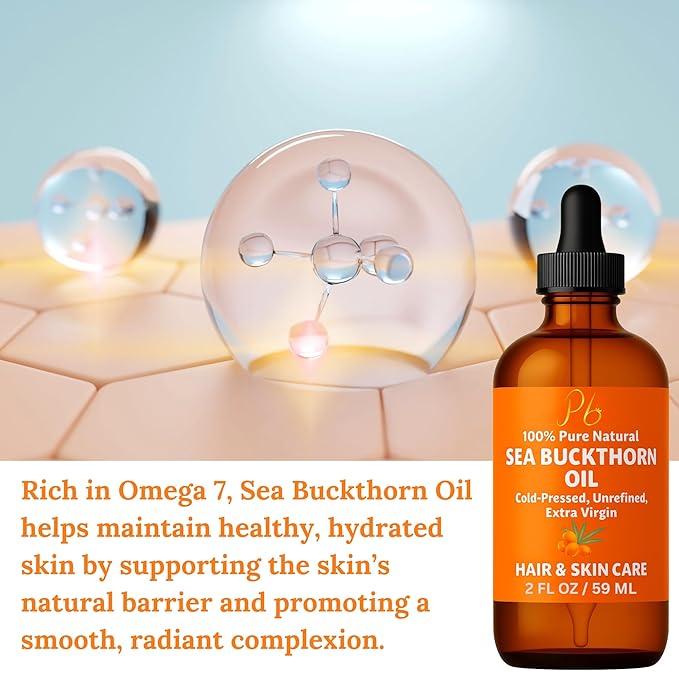 Pomberries Sea Buckthorn Oil – 100% Pure Cold-Pressed from Fruit & Seed – Sea Buckthorn Seed Oil for Face, Hair, Skin & Nails – Supports Radiant, Youthful-Looking Skin – Amber Glass Bottle 2 fl oz