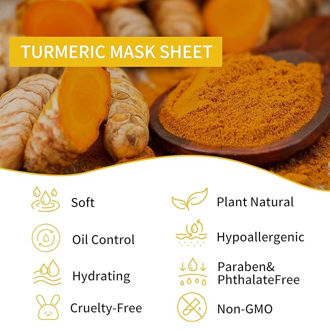 Turmeric Face Masks Sheet for Women,Moisturizes Facial Masks Oil Control,Hydrates, Soothes,Home Spa Facial Sheet Mask For All The Skin（6Pack）