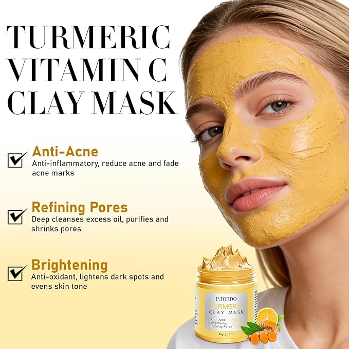 Pjordo 4 Pcs Clay Mask for Face(360g in Total), Turmeric Vitamin C, Dead Sea Mud, Green Tea Avocado, Rose, Face Mask Skincare for Pore Cleansing, Facial Masks for Women Skin Care, 3.17 Oz Each