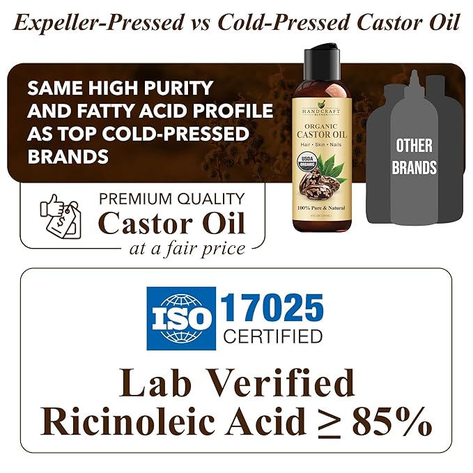 Handcraft Blends Organic Castor Oil 4 Fl Oz | 100% Pure and Natural | Premium Grade Carrier Oil | Hair, Eyelashes and Eyebrows | Hair and Body | Expeller-Pressed | Hexane-Free