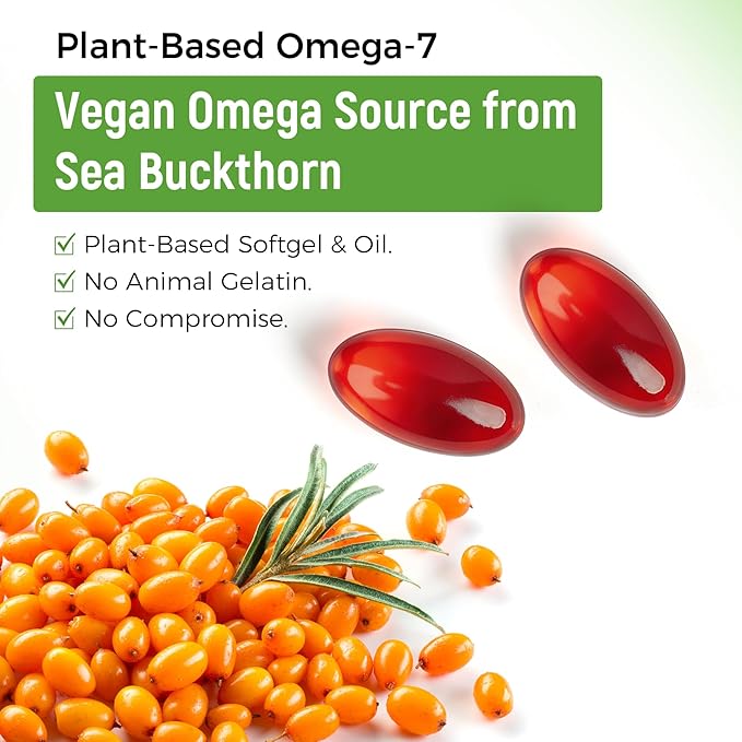 Organic Omega 7 Sea Buckthorn Oil Capsules - Omega 7, 3-6-9 Supplements for Skin, Eye, Hair & Nail Health, Hydration & Wellness Support，USDA-Certified, 30 Softgels, Travel-Friendly