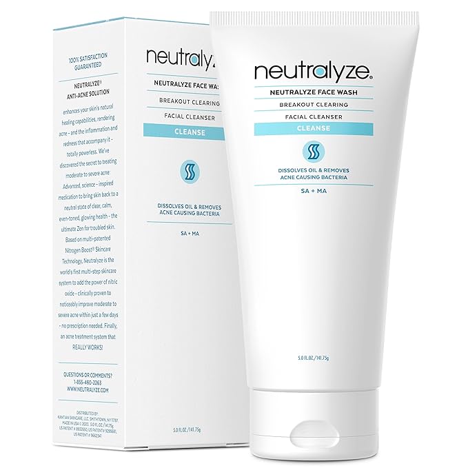 Neutralyze Moderate to Severe Acne Face Wash 2.0 - Maximum Strength 2% Mandelic Acid & 2% Salicylic Acid Facial Cleanser for Acne Prone Skin - Suitable for All Skin Types, Teens & Adults (5 FL OZ)