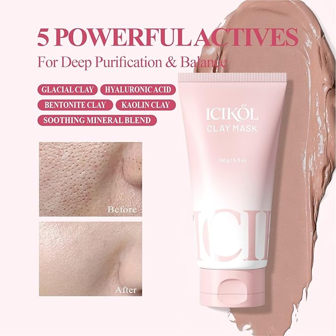 Deep Cleansing Red Clay Face Mask, with Glacial Minerals & Soothing Tightening Mud, 5.3 oz Large Size – Hydrating Mud Mask with Brush, Zero Pore Blackhead Mud Facial Mask for All Skin Types