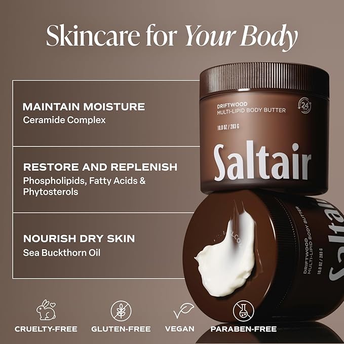 Saltair Multi-Lipid Body Butter – Hydrating 24-Hour Moisture – Body Cream for Soft Skin & Barrier Support – Ceramides, Coconut Oil & Shea Butter for Dry Skin Care – Driftwood, 10oz