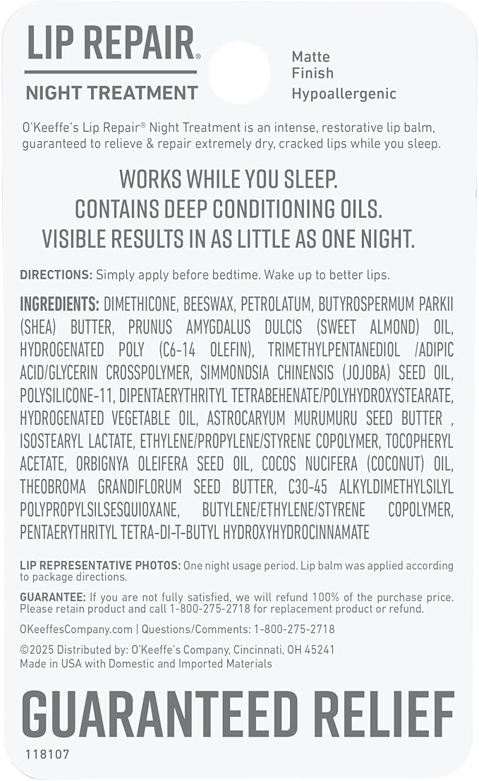 O'Keeffe's Lip Repair Night Treatment Lip Balm for Dry, Cracked Lips - 0.25 Ounce Jar (2 Pack) - Moisturizer for Extremely Cracked, Dry Lips