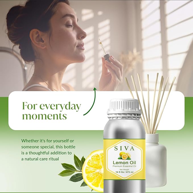Siva Lemon Essential Oil - 16 Fl Oz – 100% Natural Lemon Oil - for Diffuser, Face, Skin Care, Aromatherapy, Hair Care, Scalp and Body Massage
