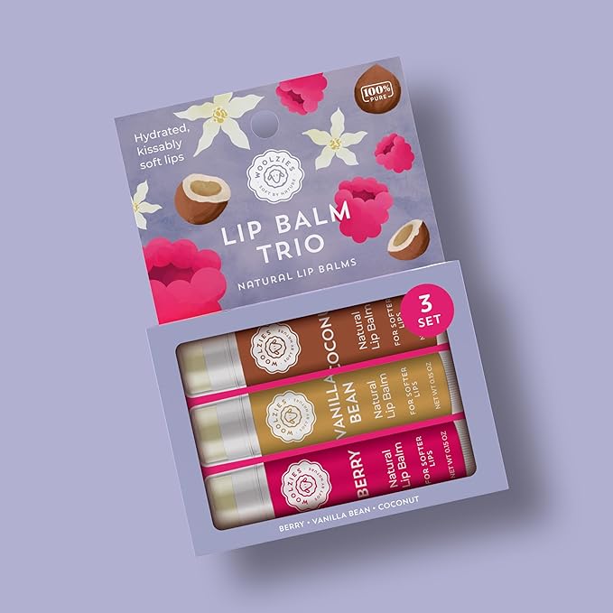 Lip Balm Set: All-Natural Shea Butter, Beeswax, Coconut Oil, Vitamin E Infused Lip Moisturizer Care (3 Pack, Trio)