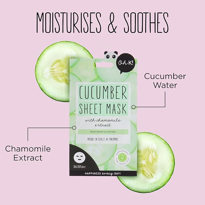 Oh K! Sheet Mask - Cucumber - Moisturizing Face Mask - Hydrating Face Sheets - Rich in Cucumber, Chamomile Extract - Korean Skincare - 1 Pc (Pack of 2)