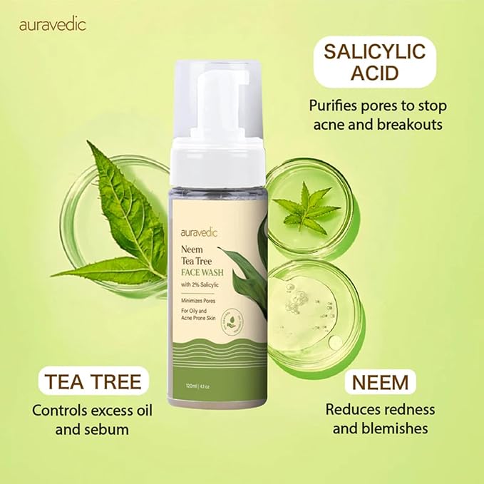 Auravedic Acne Face Wash with 2% Salicylic Acid, Neem & Tea Tree | Foaming Cleanser for Oily & Acne Prone Skin | Oil Control, Gentle Daily Cleanser for Men & Women | 4.06 Fl Oz (120ml)