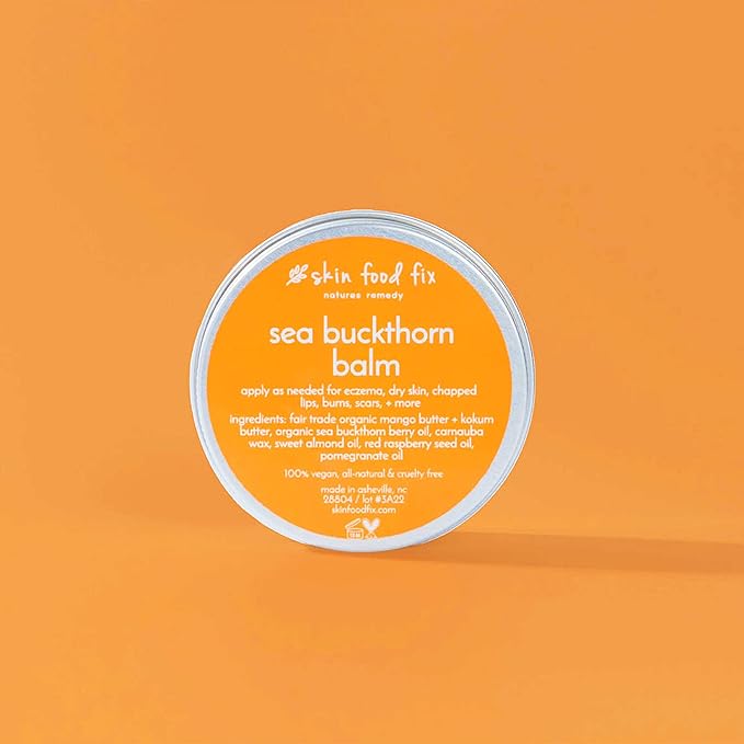 Sea Buckthorn Balm Eczema, Psoriasis Salve dry or cracked skin, Sun burn, Sun Damage Spots, Brown Spots on face, Safe for baby child rash, 2 oz tin, handmade USA, Cold Pressed Organic Vegan