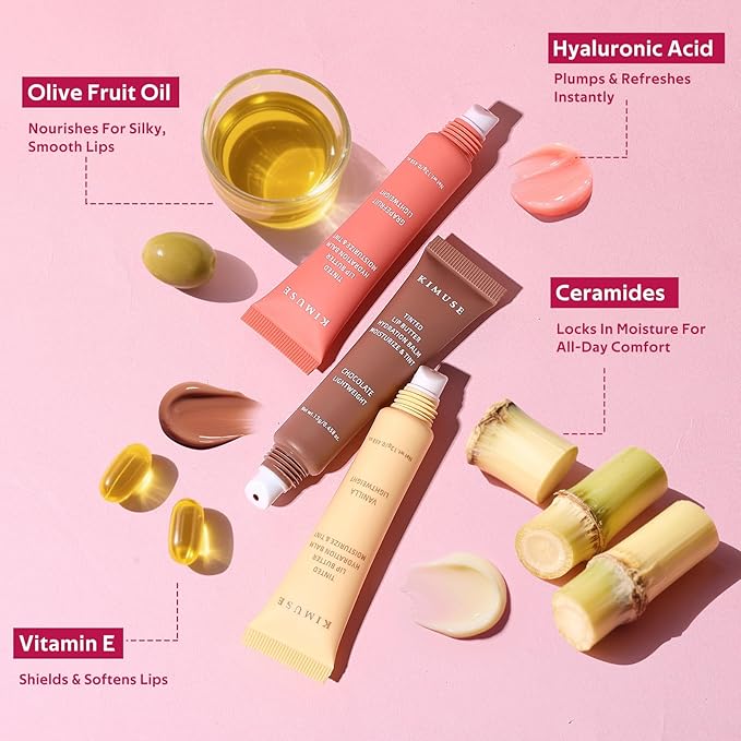 KIMUSE 3 Pack Tinted Lip Butter Hydration Balm, Hydrating Lip Treatment with Hyaluronic Acid & Vitamin E, Tinted Lip Balm for Instant Moisture, Shine & Hydration, Supple Lips, Vegan & Cruelty-Free