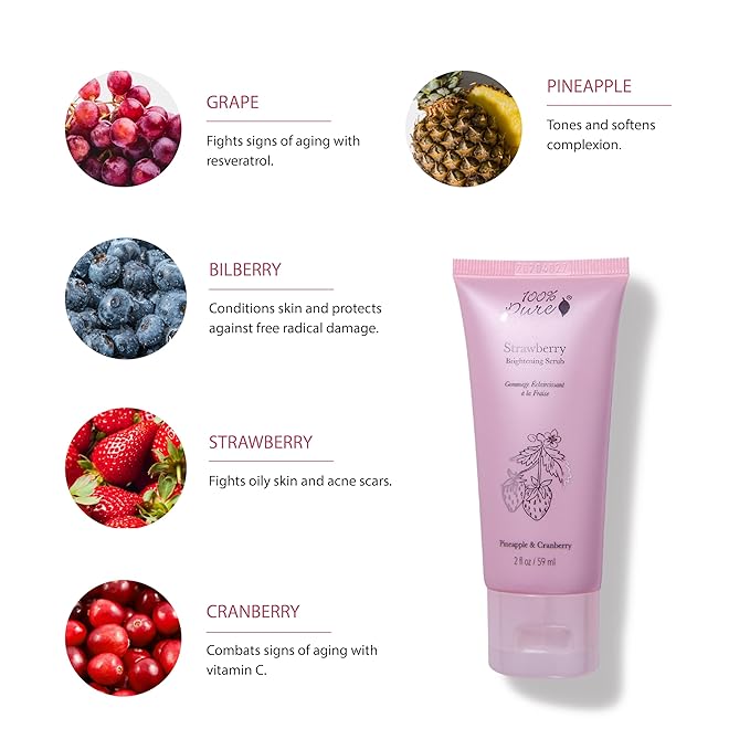 100% PURE Strawberry Brightening Facial Scrub Antioxidant-Rich for Radiant, Smooth Skin - Papaya & Pineapple Enzymes Natural Glow Exfoliator - Gentle Exfoliating Face Wash for Women & Men - 2 Fl oz