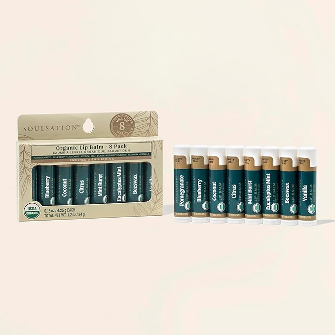 Soulsation Organic Lip Balm Set, 8 Flavors - Hydrating for Cracked & Dry Lips, For Men & Women, Enriched with Vitamin E
