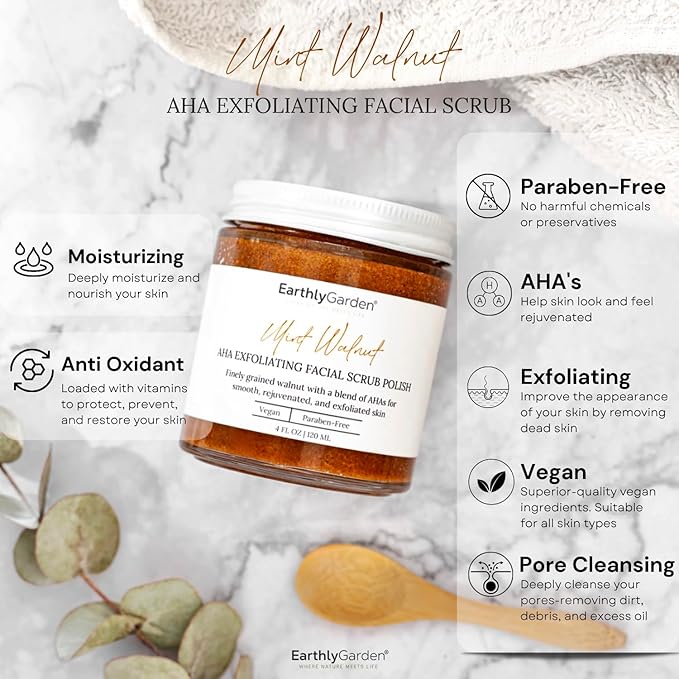 Earthly Garden Mint Walnut Exfoliating Face Scrub with AHA – Natural Microdermabrasion & Deep Pore Cleanser for Blackheads, Acne Scars & Glowing Skin – 2 oz