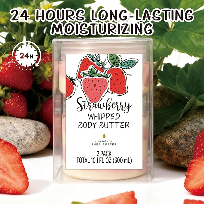 Strawberry Whipped Body Butter, Shea Body Butter for Women Dry Skin, Natural Strawberry Lotion for Body Moisturizer-Deep Moisturizing and Softening-3.4 floz+6.8 floz(100ml+200ml)