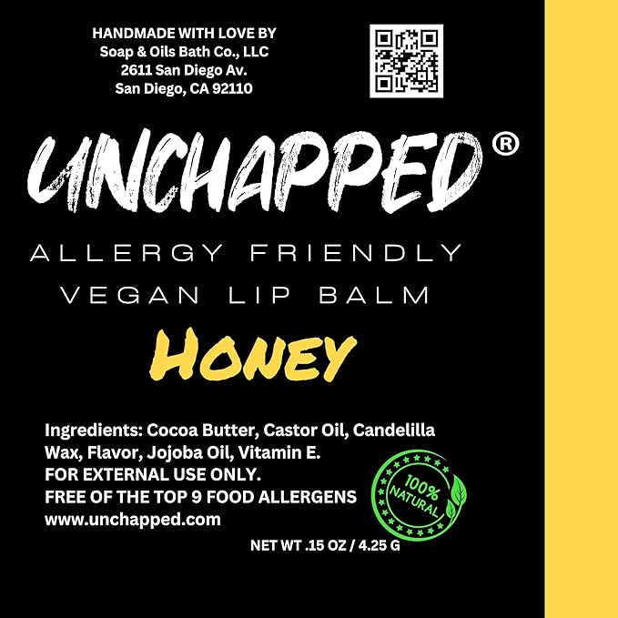 Vegan Lip Balm 5 Pack - All Natural and Free of Beeswax, Soy, Nut, and Top 9 Food Allergens (Mint, Lemon Lime, Green Apple, Honey, Cocoa Butter)