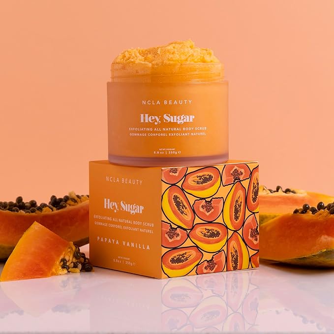 NCLA Beauty Hey Sugar All Natural Body Scrub - Moisturizing, Exfoliating Sugar Scrub - Shea, Cocoa, and Mango Butters - Papaya Vanilla - 8.8 oz