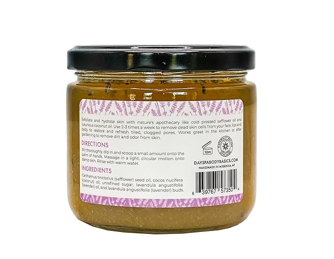 Lavender Organic Sugar Scrub for Glowing, Smooth, and Healthy Skin, Hypoallergenic, All-Natural, Plant-Derived, Made in USA by DAYSPA Body Basics