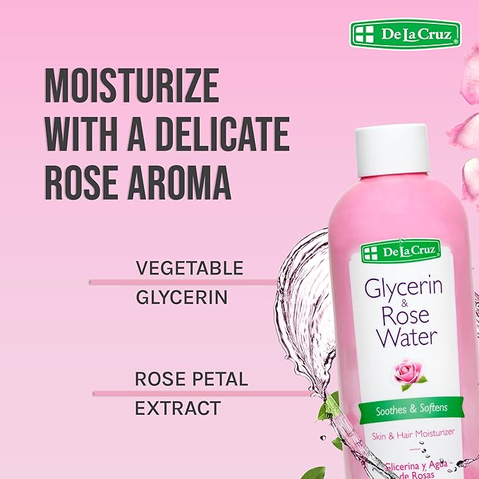 De La Cruz Rose Water and Glycerin for Face - Rosewater Facial Toner and Moisturizer for Skin and Hair 8 fl oz (236 mL) - 3 Bottles