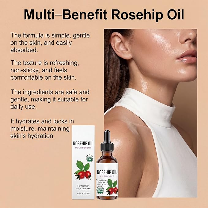 Rosehip Oil for Face, Rosehip Seed Oil, Organic Face Oil for Women, Hydrating Facial Oil for Daily Skincare, Nourishing Skin & Hair, Lightweight Moisturizing Oil (3PC)