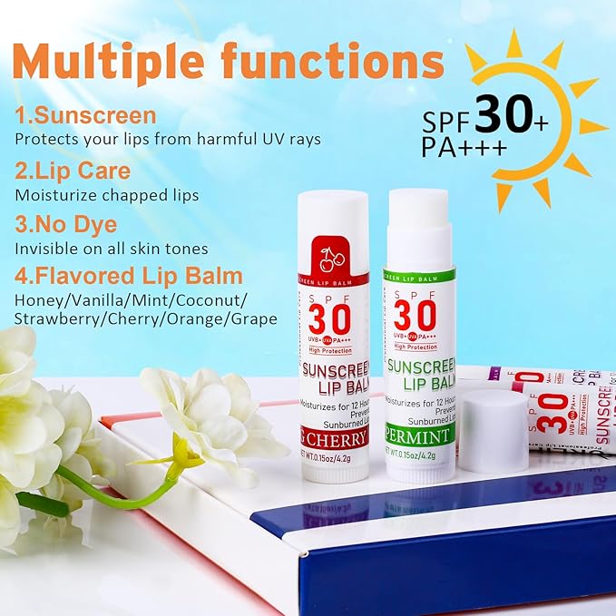 VISRIE SPF 30 Lip Balm with Sunscreen, 8 Pack - 8 Flavors, Hydrating Lip Balm with Vitamin E and Coconut Oil