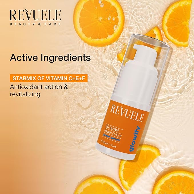 REVUELE Go Glow! Power Serum, 1 fl.oz – Vitamin C + E + F Antioxidant Face Serum for Brightening, Hydration & Even Skin Tone, Fast-Absorbing, Vegan & Cruelty-Free