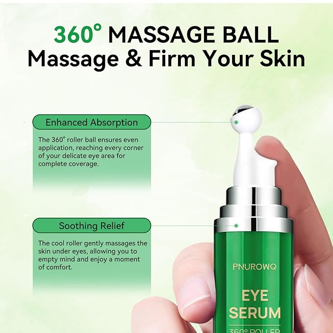 Eye Cream with 5% Caffeine Retinol Hyaluronic Acid, Eye Serum with 360° Roller Massage Ball for Puffy, Bags, Fine Lines, Dark Circles and Wrinkles, Under Eye Treatment Serum for Women & Men