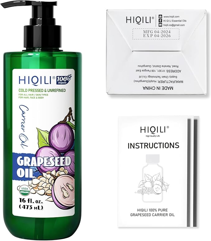 HIQILI 16 Fl Oz Organic Grapeseed Oil for Hair, for Skin, Carrier Oil for Essential Oils Mixing, 100% Pure & Natural-473ML