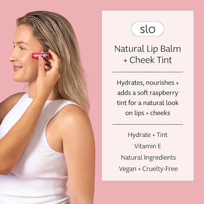 Slo | Natural Lip Balm - All Natural Ingredients, Vegan & Cruelty Free, Hydrating & Soothing, Plastic Free, Paper Packaging | Raspberry + Rosehip, (0.28oz/8g)