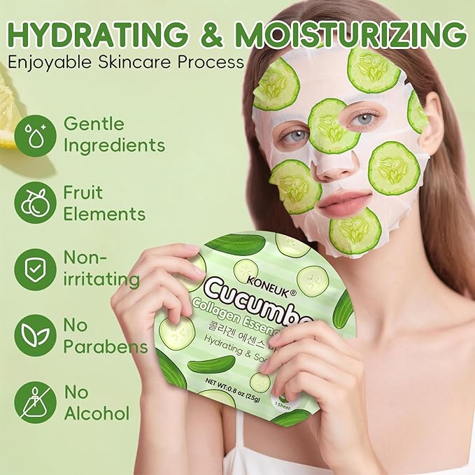 KONEUK 60 Pack Colorful Fruit Face Masks Skincare Set, Bulk Sheet Facial Mask for All Skin Types, Collagen Hydrating Face Mask for Women, Spa Party Gifts and Mothers Day Gifts (6 Types x 10 Pcs)