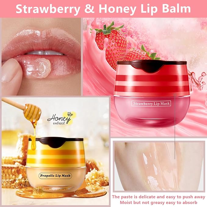 Strawberry & Honey Lip Balm, Vitamin E Lip Masks & Moisturizing/Hydrating Propolis Lip Sleeping Mask With Brush, Nourish And Repair Lip Skin Winter Lip Care Products (2Pcs Honey & 2Pcs Strawberry)