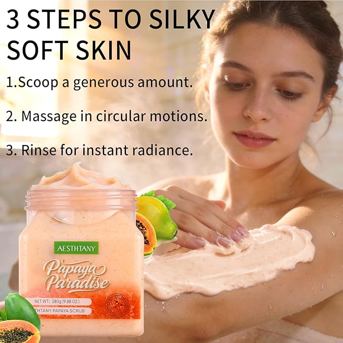 Papaya Body Scrub, Exfoliating Sugar Scrub for Body, Moisturizing Body Exfoliator for Dry Rough Skin, Tropical Papaya Scent Body Polish for Soft Smooth Skin