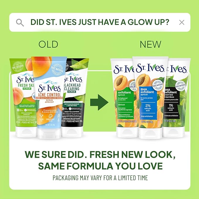 St. Ives Face Scrub, Exfoliant Variety 3-Pack, Fresh Skin & BHA Apricot Scrubs + Blackhead Clearing with Green Tea & Bamboo, 6 Oz Ea