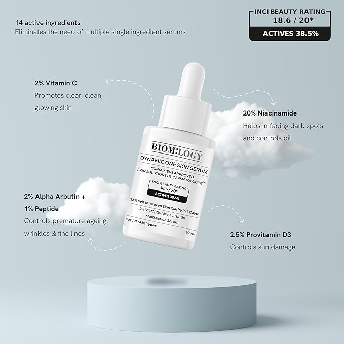 Biomlogy All-in-One Skin Serum with 38.5% Actives | 20% Niacinamide, 2% Vitamin C & 2% Alpha Arbutin | Multi-Benefit Formula for Smoother, Clearer & Even-Looking Skin | 1.01 Fl Oz (30 ml)