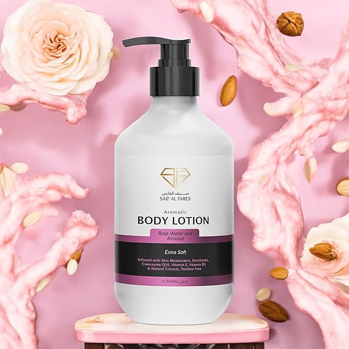 Saif Al Fares Rose Water & Almond Body Lotion – Moisturizing Hydrating Lotion for Dry Skin – Daily Moisturizer with Vitamin E & B5 Natural Skin Care Body Moisturizer Lotion for Women & Men, 500ml Pump