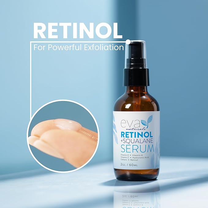 Eva Naturals Retinol + Squalane Serum – Anti Aging Face Serum for Wrinkles, Collagen Boost, Eye & Night Use – Retinoid Skin Care for Acne, Pores, Dark Spots & Sensitive Skin