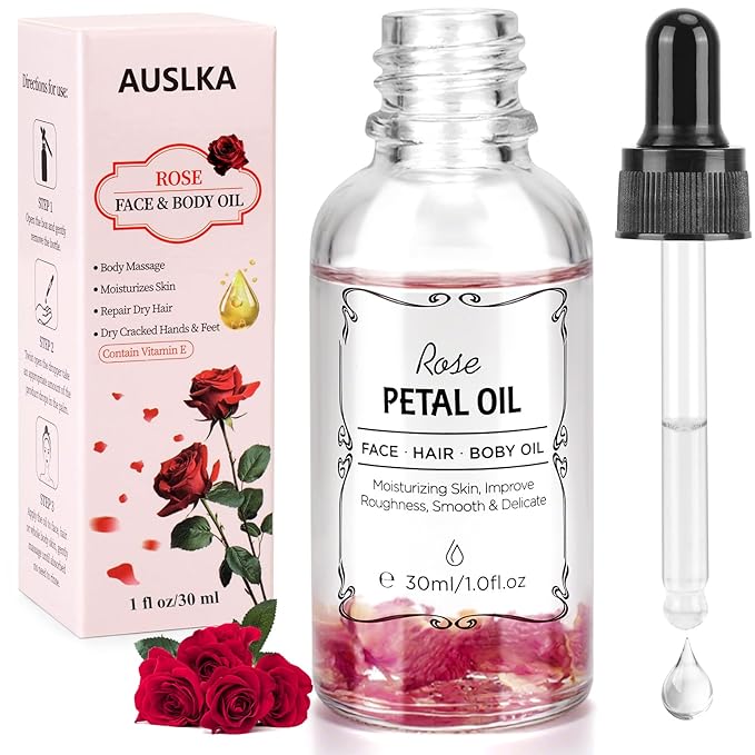 AUSLKA Facial Rose Oil Moisturizing without Greasiness, Natural Rose Essential Oil with Petal Fragrance for Face Body Hand Contains Vitamin E Anti Ageing & Anti Wrinkle for Skin Care, 1 FL.OZ (30ml)