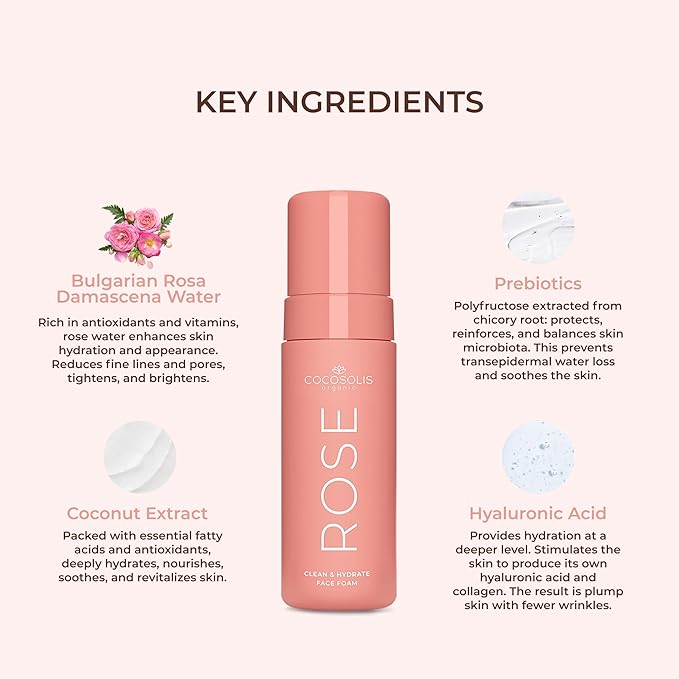 COCOSOLIS Rose Clean & Hydrate Face Foam Deep Pore Facial Cleansing Foam with Moisturising Hyaluronic Acid and Glycerine