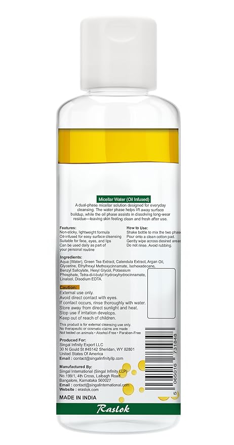 Raslok Micellar Cleansing Water (Oil Infused) – Gently Removes Makeup, Cleanses & Moisturizes – For Face, Eyes & Lips – Alcohol-Free, Paraben-Free – All Skin Types – 200ml / 6.76 fl.oz