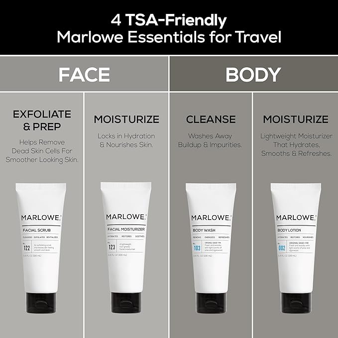 MARLOWE. Mens Face and Body Mini Kit – TSA Friendly Body Wash, Body Lotion, Facial Scrub & Facial Moisturizer (3.4 oz Each)