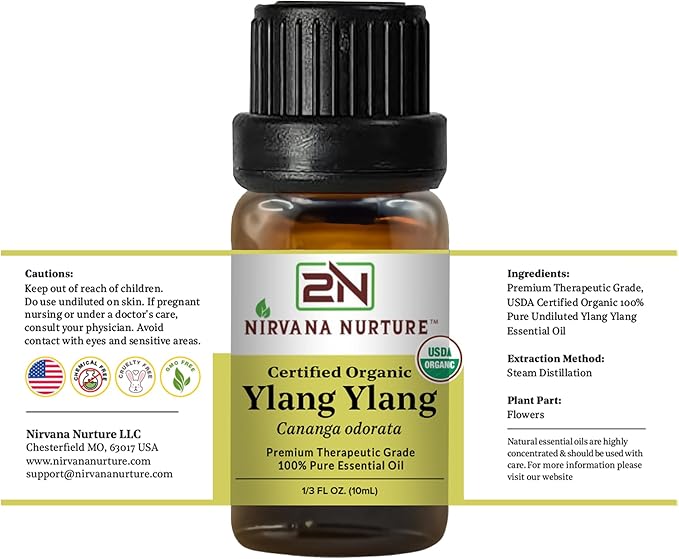 Ylang Ylang Essential Oil, USDA Certified Organic, 100% Pure Undiluted, Aromatherapy Oil for Diffuser, Hair & Skin Care