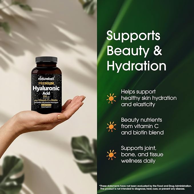 NatureBell Hyaluronic Acid 250mg - 240 Capsules - 250mg Hyaluronic Acid, 5000mcg Biotin & 25 mg Vitamin C - Supports Skin, Hair, Bone, Eye & Joint Health*