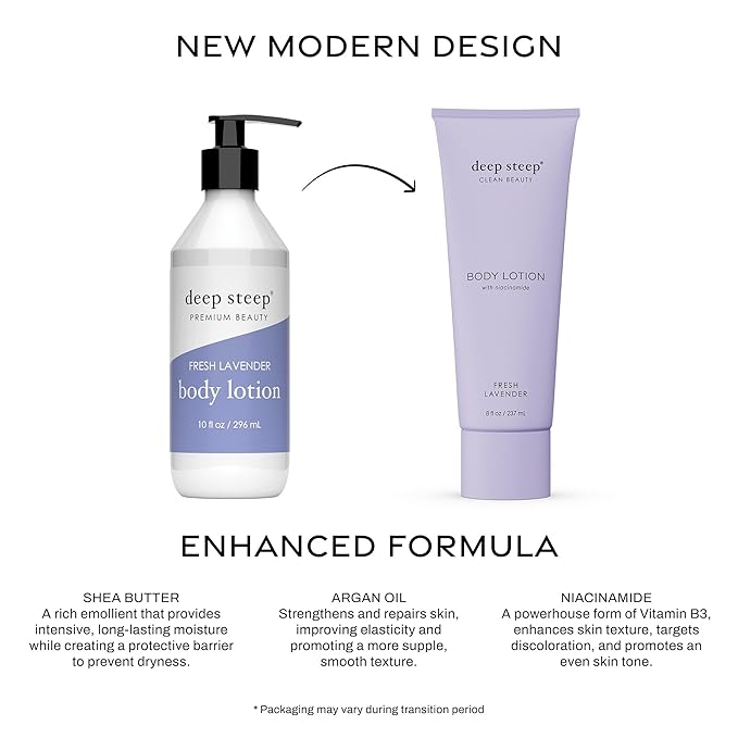 Deep Steep Body Lotion, Fresh Lavender, 8 oz – Moisturizer with Coconut Oil, Shea Butter, Argan Oil, Aloe Vera & Niacinamide – Vegan, Clean Beauty, Daily Skin Hydration