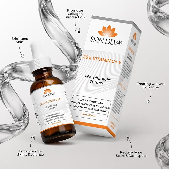 Skin Deva 20% Vitamin C Serum Anti Aging Face Serum with Hyaluronic Acid & Vitamin E – Brightening Formula for Improving Appearance of Dark Spots, Fine Lines & Wrinkles – All Skin Types, 1 fl oz