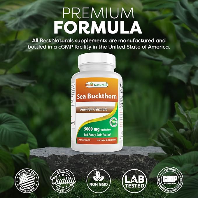 Best Naturals Sea Buckthorn Oil Powder Extract 10:1 500 mg 240 Capsules - Non-GMO, Gluten Free - Contains Naturally Occuring Omega-7 Palmetoleic Acid