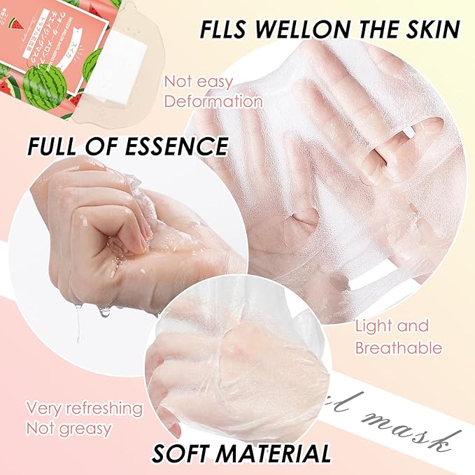 Hydrating Facial Masks Skincare for Women,Watermelon Face Mask Sheet Skincare,Moisturizing Face Mask for All Skin Types (10-Packs)