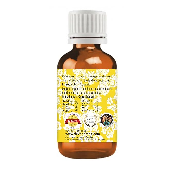 dève herbes Rosehip Oil (Rosa rubiginosa) | Cold Pressed | Pure | Natural | Undiluted | For Diluting Essential oils | For Skin & Massage | Non-Sticky| Lightweight| Men & Women | 10ml (0.33 oz)