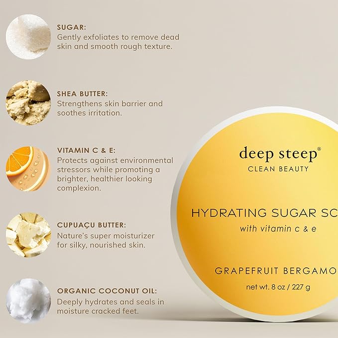 Deep Steep Sugar Scrub, Honey Blossom, 8 oz – Exfoliating Body Scrub with Organic Coconut Oil, Shea Butter & Argan Oil – Vegan, Clean Beauty, Smooth, Soft & Nourished Skin